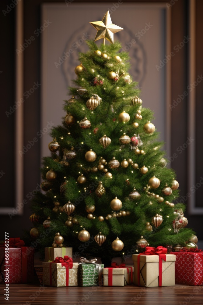 A festive Christmas tree surrounded by beautifully wrapped presents. Perfect for holiday-themed designs and advertisements