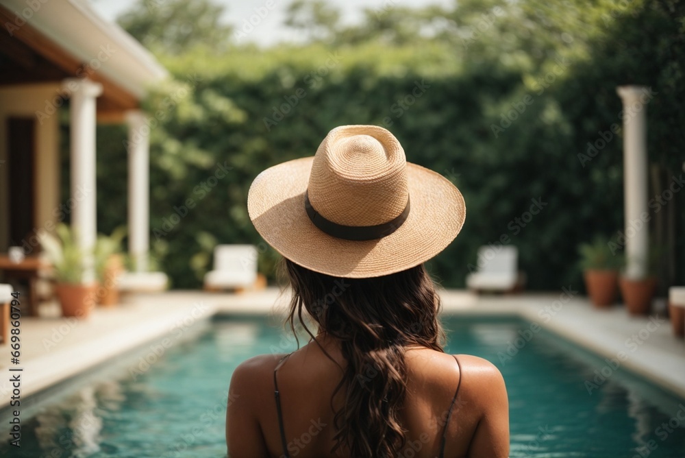 Back view of young woman in hat standing in swimming pool at resort