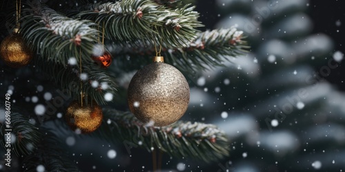 A detailed view of a Christmas ornament hanging on a tree. This image can be used to enhance holiday-themed designs or to create a festive atmosphere