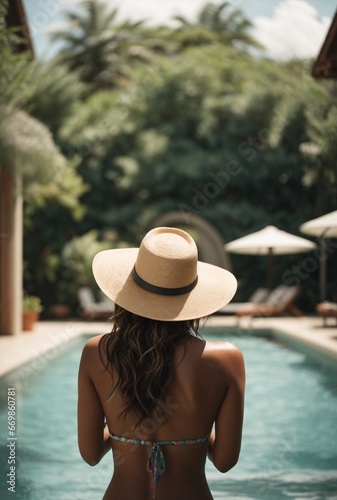 Back view of young woman in hat standing in swimming pool at resort © Viewvie
