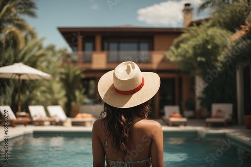 Back view of young woman in hat standing in swimming pool at resort © Viewvie