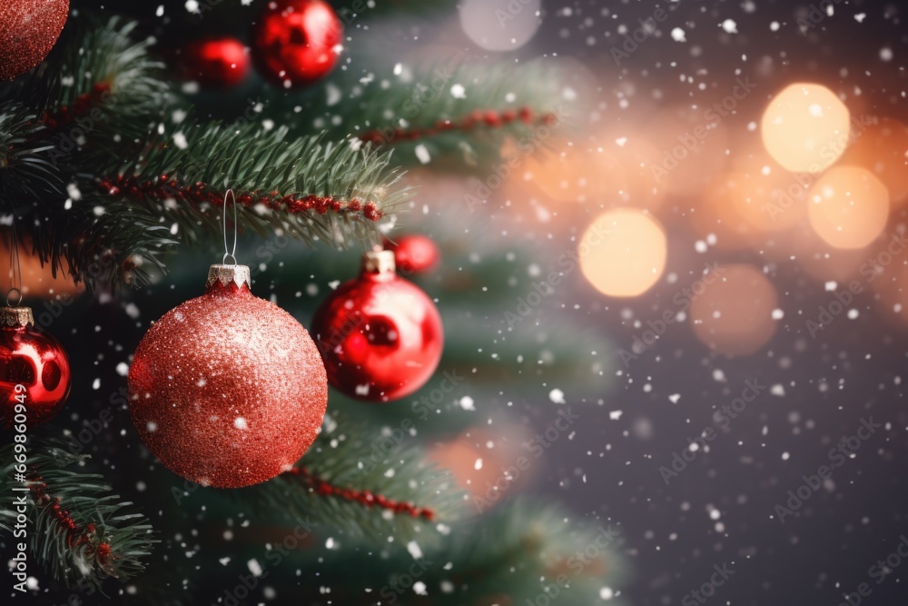 A detailed view of a Christmas tree adorned with colorful ornaments. Perfect for holiday-themed designs and festive decorations A detailed view of a Christmas tree adorned with colorful ornaments. Perfect for holiday-themed designs and festive decorations