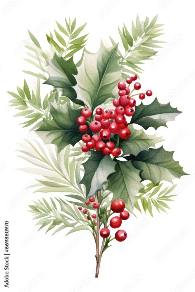 A branch of holly with vibrant red berries and lush green leaves. Perfect for holiday decorations or adding a festive touch to any project A branch of holly with vibrant red berries and lush green leaves. Perfect for holiday decorations or adding a festive touch to any project