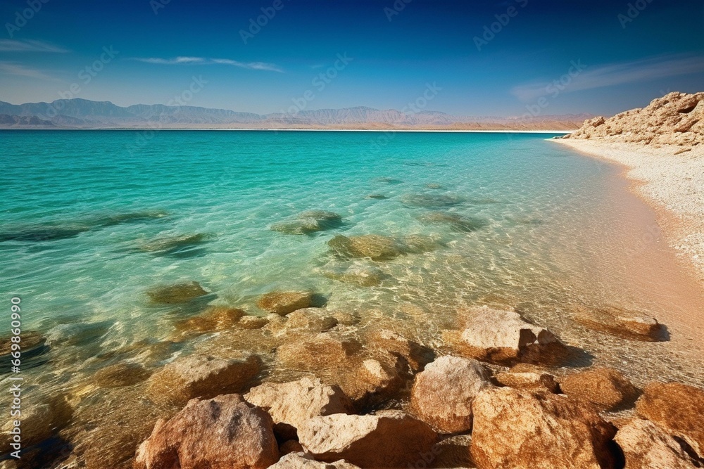 Peaceful scene on a sandy shore of the Red Sea, Middle East. Generative AI