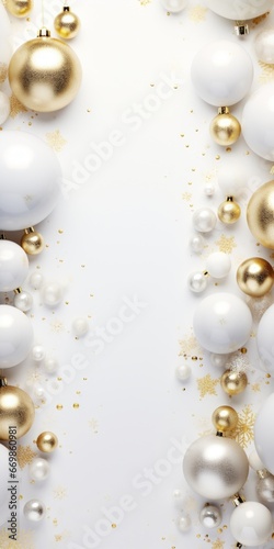 A beautiful white and gold Christmas background with elegant ornaments. Perfect for festive designs and holiday-themed projects