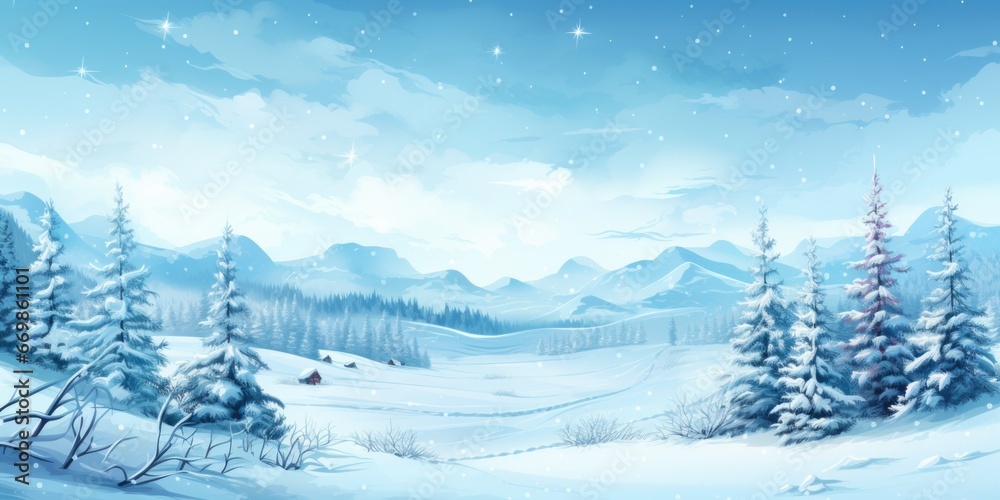Fototapeta premium A painting depicting a serene snowy landscape with tall trees. This picture can be used to create a peaceful and wintery atmosphere in various projects