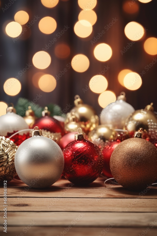 A table adorned with a variety of Christmas ornaments. This festive image can be used to showcase holiday decorations or as a background for Christmas-themed designs A table adorned with a variety of Christmas ornaments. This festive image can be used to showcase holiday decorations or as a background for Christmas-themed designs