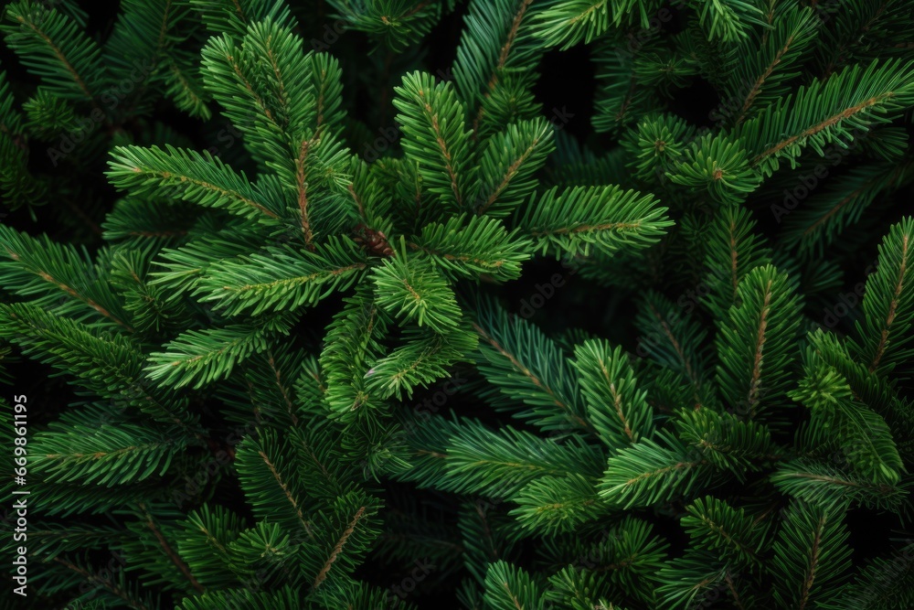 A detailed view of a pine tree showcasing its vibrant green needles. This image can be used to depict nature, forests, trees, environment, or even Christmas-themed designs
