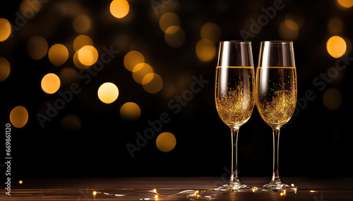 two glasses of champagne on black background, christmas and new year concept