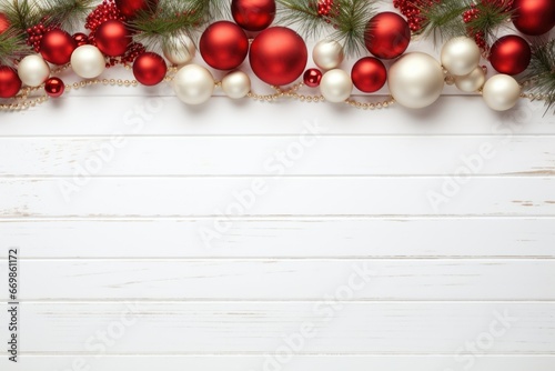 A festive image featuring red and white Christmas decorations arranged on a white wood background. Perfect for holiday-themed projects and designs