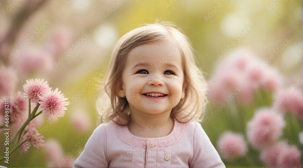 Smiling toddler girl against spring ambience background with space for text, children background image, AI generated Smiling toddler girl against spring ambience background with space for text, children background image, AI generated