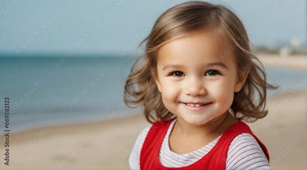 Smiling toddler girl wearing red shirt against beach ambience background with space for text, children background image, AI generated Smiling toddler girl wearing red shirt against beach ambience background with space for text, children background image, AI generated