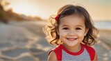 Smiling toddler girl wearing red shirt against beach ambience background with space for text, children background image, AI generated
