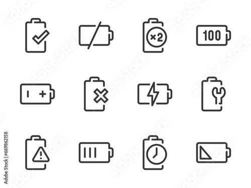Battery and Accumulator Configurations vector line icons. outline icon set. Charge Level, Charging, Warning Notification, Dead Battery, Capacity Status and more.