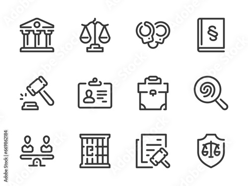 Law and Justice vector line icons. Judgment and Legislation outline icon set. Scales of Justice, Handcuffs, Courthouse, Evidence, Verdict, Prison Cell, Punishment, Authority, Jail and more.