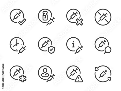 Vaccine and Injection vector line icons. Vaccination and Medicine outline icon set. Disease Protection, Medicine Time, Patient Card, Syringe, Revaccination, Medicine Dosage and more.