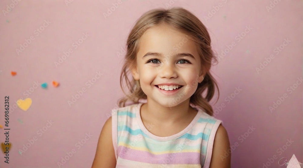 Smiling cute little girl against colorful pastel background with space for text, children background image, AI generated