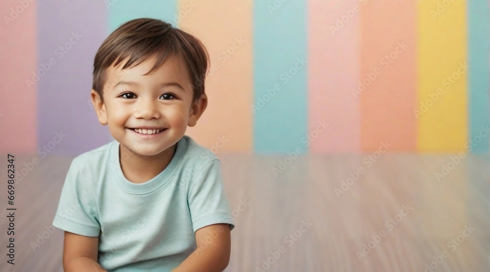 Smiling cute little boy against colorful pastel background with space for text, children background image, AI generated Smiling cute little boy against colorful pastel background with space for text, children background image, AI generated