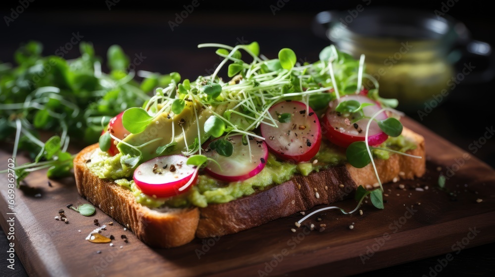 A brunch favorite with avocado toast topped with sliced radishes, cherry tomatoes. AI Generative A brunch favorite with avocado toast topped with sliced radishes, cherry tomatoes. AI Generative