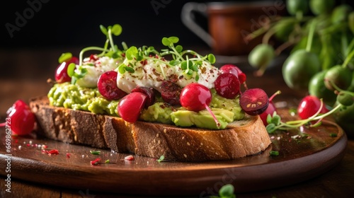 A brunch favorite with avocado toast topped with sliced radishes, cherry tomatoes. AI Generative © Horsi