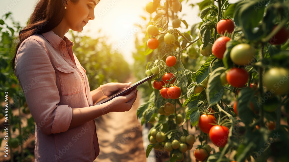 Female farmer hand using tablet phone inspecting red tomato agricultural garden with Modern technology agriculture concept - obrazy, fototapety, plakaty 