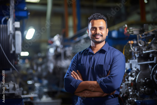 Confident and successful mechanical engineer standing at factory