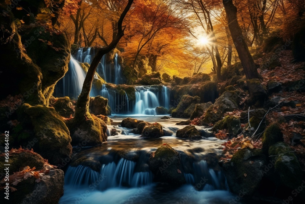 Waterfalls in a forest during autumn. Generative AI