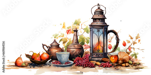 Traditional Eastern Tea Setting Watercolor PNG  a lit lantern  a teapot  and a bowl of dates  all laid out on a rustic wooden surface