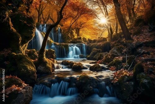 Waterfalls in a forest during autumn. Generative AI