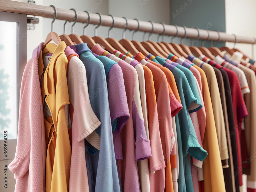 3d animation style row of different colorful female clothes. Woman Fashion Concept