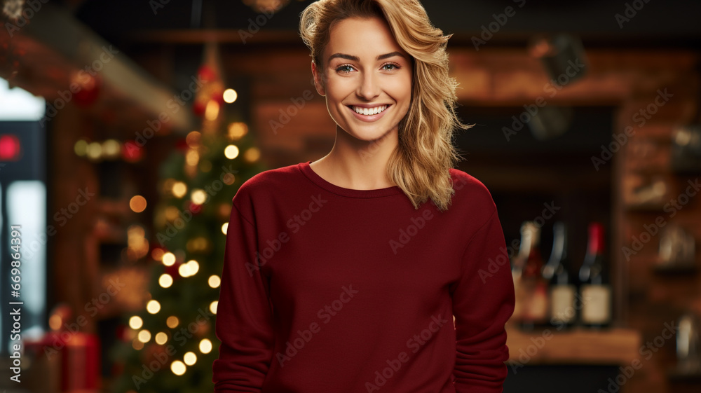 Happy woman wearing red shirt at Christmas festival