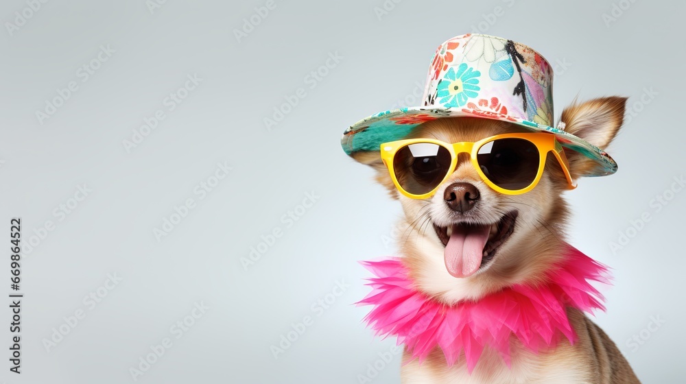 Happy dog in colorful hat and sunglasses celebrating summer on white background Happy dog in colorful hat and sunglasses celebrating summer on white background