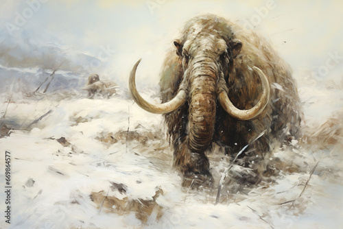 Image of a mammoth with long and large tusks.  Wildlife.  Ancient animals.