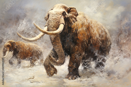 Image of a mammoth with long and large tusks.  Wildlife.  Ancient animals.