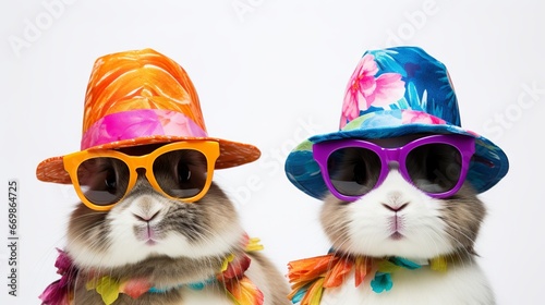 Cute and festive bunnies in hats and sunglasses celebrating summer on white background © Ameer