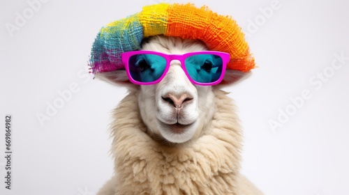 Sheep in summer party mood  funny portrait of a woolly animal with colorful hat and sunglasses on white background