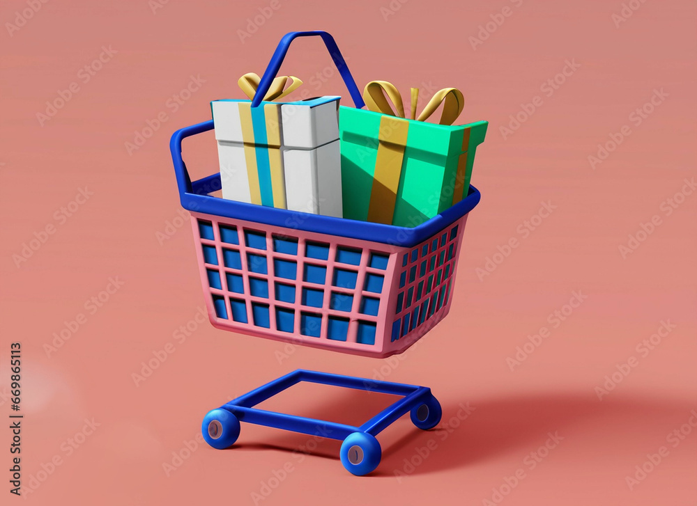 3d cartoon design illustration of shopping bag, parcel box and gift box in shopping basket.