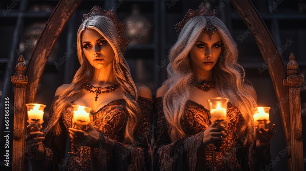 Step into a dark fantasy realm as two Halloween girls don mesmerizing fancy dress costumes. They embody haunting figuratism in the style of devilcore, set against a striking light brown.