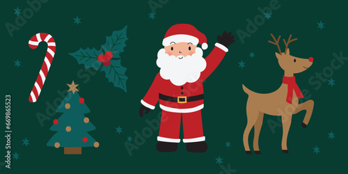 Modern Vector Christmas Xmas Elements Reindeer Holly Christmas Tree Stars Candy Cane Cut out Dark Background