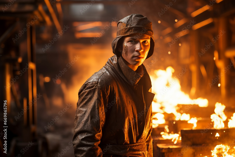 Young worker in protective clothing at work at the blast furnace in an iron foundry