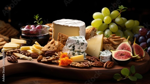 A gourmet cheese platter featuring a selection of cheeses, grapes, figs, and crackers. AI Generative