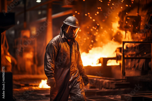Young worker in protective clothing at work at the blast furnace in an iron foundry © msroster