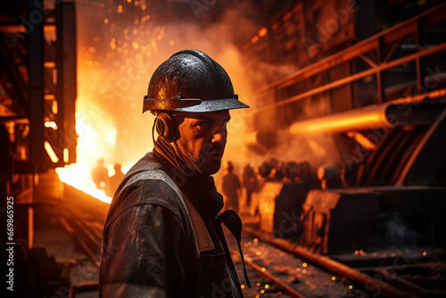 Young worker in protective clothing at work at the blast furnace in an iron foundry photo