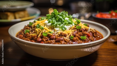 A hearty and flavorful bowl of homemade chili. AI Generative