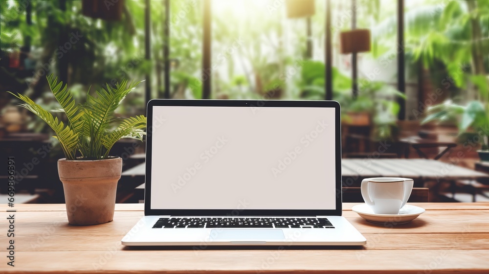 modern productivity: laptop with blank screen on table in cozy workspace - technology and remote work concept modern productivity: laptop with blank screen on table in cozy workspace - technology and remote work concept