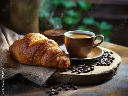 Breakfast with coffee and croissants on a wooden table.