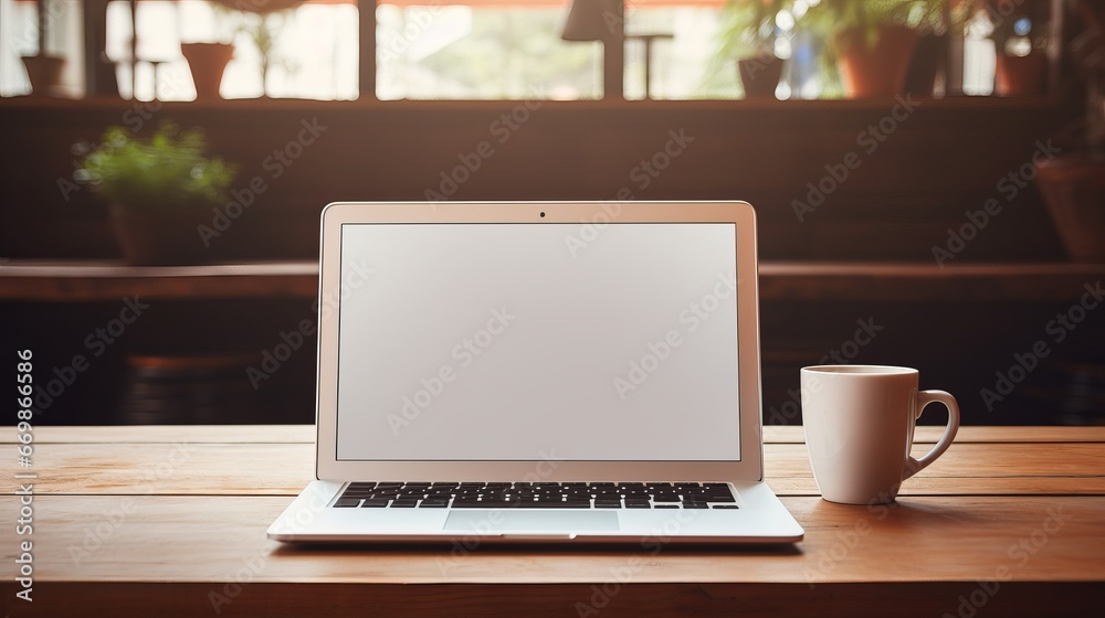 modern productivity: laptop with blank screen on table in cozy workspace - technology and remote work concept modern productivity: laptop with blank screen on table in cozy workspace - technology and remote work concept