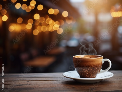 Coffee cup on the table in coffee shop with bokeh background