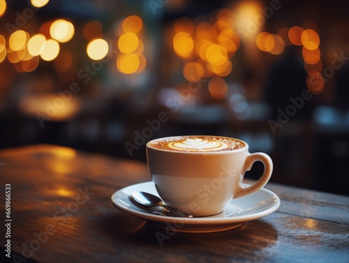 Coffee cup on the table in coffee shop with bokeh background