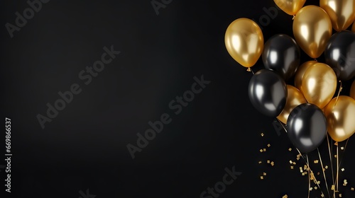 Gold balloons on black wall: festive and elegant banner with copy space